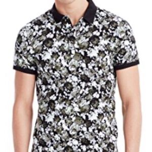 Armani Exchange Black and White Floral Polo with Olive Accents Size Small EUC